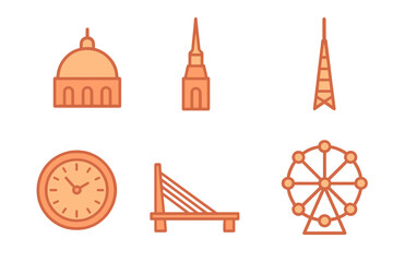 Minimalist line art icons of famous city landmarks, travel destinations, clock, and observation wheel