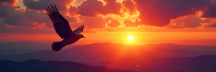 Silhouetted Bird Soaring at Sunset Freedom, Adventure, and Limitless Imagination