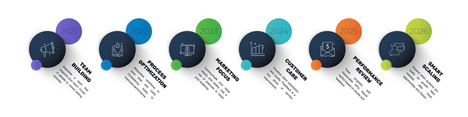 Vector infographic design template. Modern timeline concept with 6 steps, circles. Vector illustration used for diagram, workflow layout, banner, webdesign