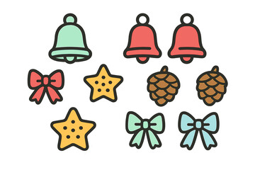 Colorful Christmas holiday elements collection with bells, bows, stars, and pine cones