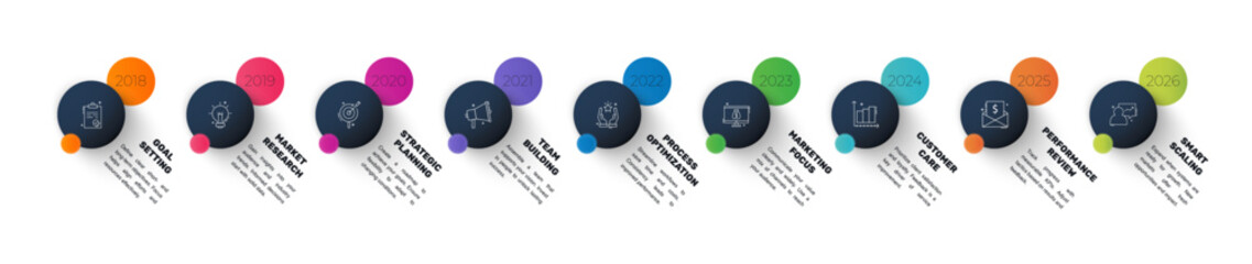 Vector infographic design template. Modern timeline concept with nine steps, circles. Vector illustration used for diagram, workflow layout, banner, webdesign