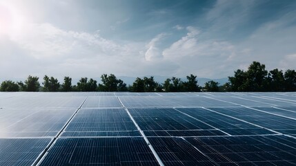 Expansive solar panel array under a cloudy sky representing clean energy gene n and sustainability