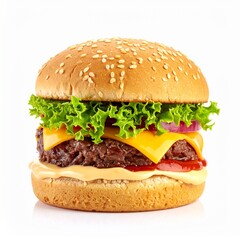 Cheeseburger with Beef Patty, Cheese and Lettuce Isolated on White Background for Fast Food Object and American Cuisine Concept