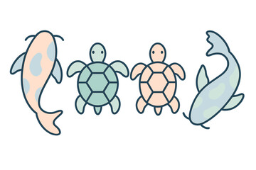 Fototapeta premium Minimalist collection of cute pastel sea turtles and koi fish swimming
