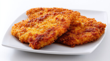 Knuspriges paniertes Schnitzel auf weißem Teller von oben