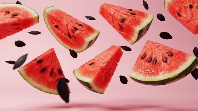 Juicy red watermelon slices and black seeds gently falling and floating in slow motion against a vibrant pink background, creating a refreshing and dynamic summer fruit abstract concept
