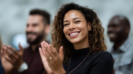 A woman smiles and claps with a diverse group of people in a celebratory business meeting