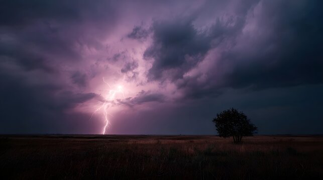 A dramatic lightning bolt strikes an isolated tree in a dark stormy landscape under a purple sky - Powered by Adobe