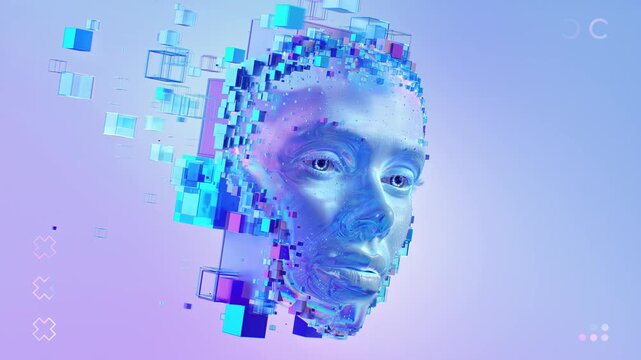 Futuristic digital human face with pixel blocks on pastel gradient background. Concept of technology and artificial intelligence visualization. 3d animation