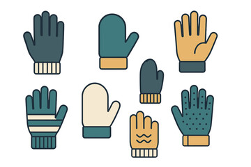 Fototapeta premium Collection of various warm winter gloves and mittens icons set in flat design style