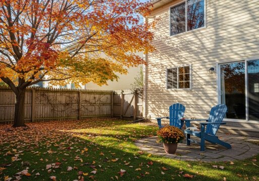 Photo of a backyard of a townhouse on a sunny autumn day in a soft sunset light