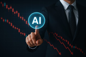 AI and businessman with business analytics financial market data and digital innovation during decline