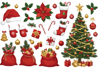 Christmas decoration illustration set, festive holiday vector collection, seasonal ornament artwork, gift stocking tree design, red gold flat cad drawing