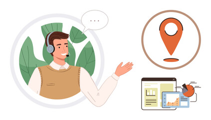 Smiling agent with headset gestures toward map pin icon and analytics charts. Ideal for customer service, data, technology, remote work, support, presentation, communication. Simple flat metaphor