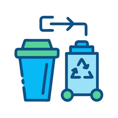 Blue recycling bins and recycling symbol indicating transfer, isolated on black background