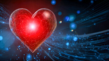 In a network of light and love, a glowing heart pulsates with digital connections, showcasing the intersection of emotion and technology on a vast virtual canvas