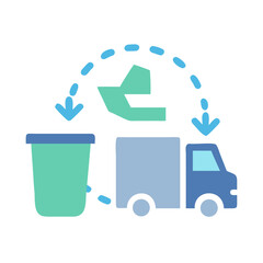 Obraz premium Flat icon illustration of a recycling process with truck and bin on black