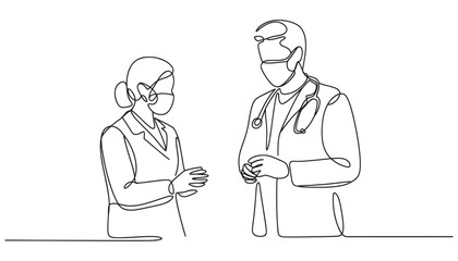 Continuous line drawing of two healthcare professionals wearing face masks discussing patient care indoors