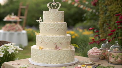 Wedding cake on a table in the garden with flowers.