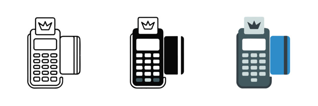 pos terminal set black white filled and full color illustrations card reader receipt printer payment device icons