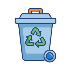 Blue recycle bin with green arrows indicating recycling process and environmental care