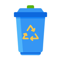 Simple blue recycling bin illustration with yellow recycling arrows on black background