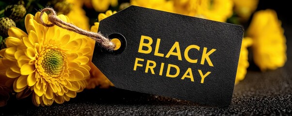 Black Friday sale tag with yellow flowers for holiday shopping concept