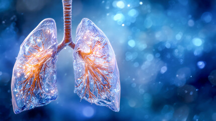 Lungs glowing with inner light in a blue nebula, showcasing a digital depiction of human anatomy for medical or scientific purposes