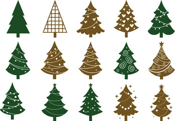 Christmas tree illustration collection, festive holiday vector set, decorative seasonal artwork, green brown ornament design, whimsical flat cad drawing