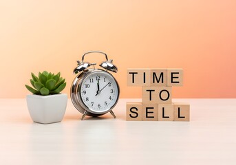 Time to Sell Concept With Alarm Clock Succulent in White Pot Time To Sell Motivation Sell Today Marketing Sales Timing is Important Real Estate Sell Now