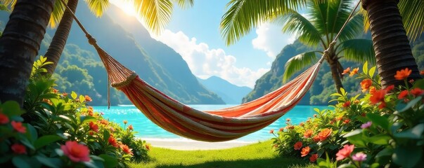 Sun-drenched hammock sways gently in a balmy breeze, surrounded by lush green foliage and vibrant flowers Perfect for a relaxing summer afternoon escape , breeze, flowers