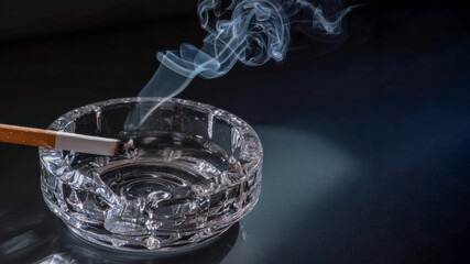 Still life presents a lit cigarette resting precariously on the edge of a crystal ashtray, with smoke curling upwards into the dimly lit atmosphere, creating a somber mood