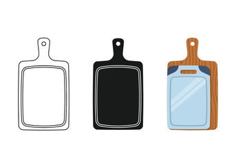 Cutting Boards Vector Set in Three Styles — Line Art, Silhouette and Color Version for Kitchen Design Elements