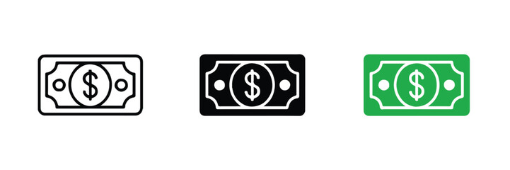 minimal money icon pack three banknote symbols outline bold and green vector for finance and ui design