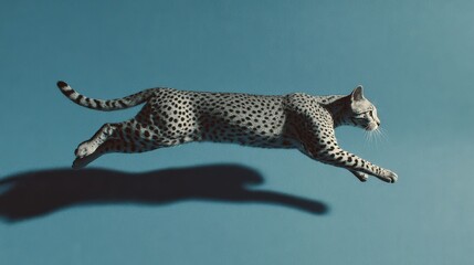 A leaping cat casts a strong shadow against the wall, blending feline movement with dramatic light and shape. The contrast emphasizes dynamic action and visual impact.