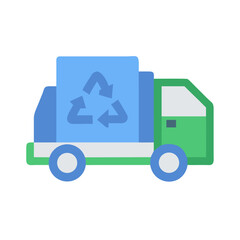 Flat design illustration of a blue and green recycling truck on black
