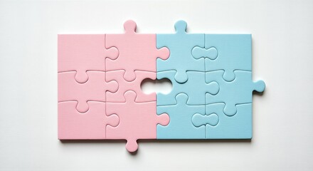 Pink and blue jigsaw puzzle pieces joined together with one central piece missing from the connection.