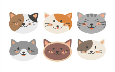 Cute Cat Face Illustration Set in Flat Cartoon Style