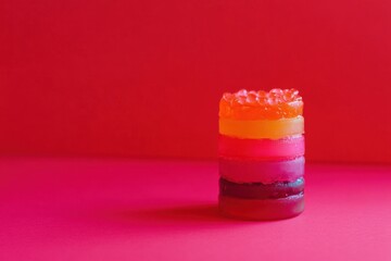 Minimalistic layered rainbow jelly on vibrant red background for modern design