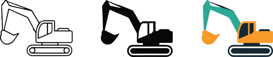 excavator vector pack line art silhouette and colorful realistic construction machinery icon set © AIcon Star