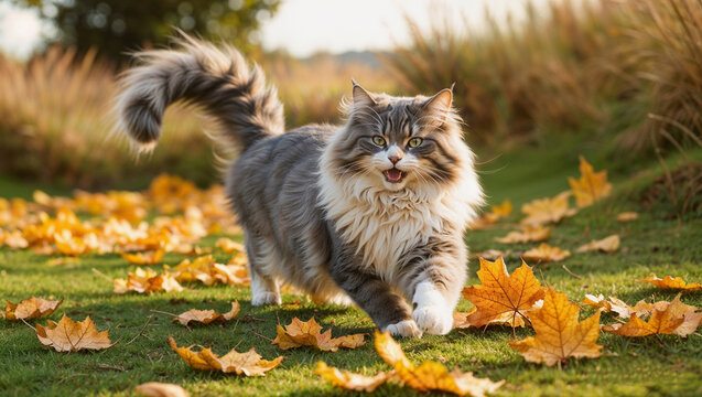 A fluffy gray and white Maine Coon cat walks through a field of autumn leaves