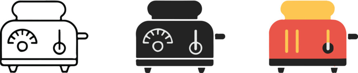 stylized toaster vector set showing low medium high browning levels with dials two slices of toast minimal flat icons ai eps jpeg png