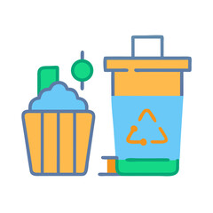 Modern vector illustration depicting trash can and basket promoting recycling initiative.