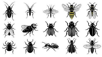 Insect Silhouette Collection — Black Bug Illustrations on White Background, Minimalist Vector Entomology Design