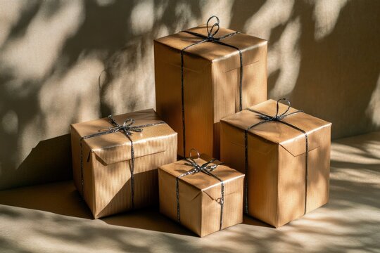 Minimalist christmas gift display with rustic brown packaging and elegant shadow play