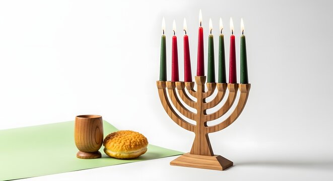 Kwanzaa celebration with kinara, candles, kikombe cha umoja, mazao isolated on white background