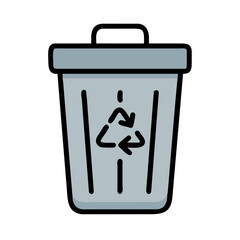 Minimalist vector graphic of a gray recycling bin with the recycling symbol