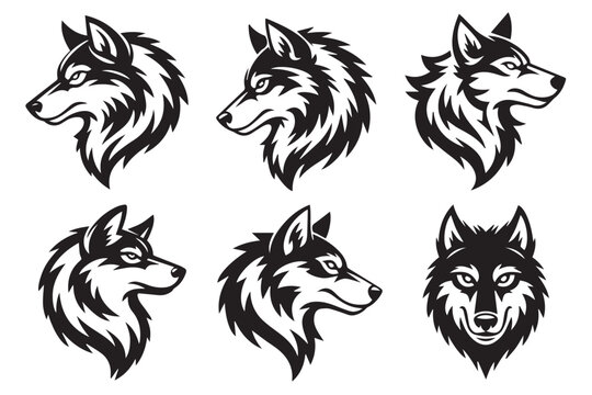graphic wolf head collection six high contrast black and white vectors for logos mascots tattoos ai eps png jpeg