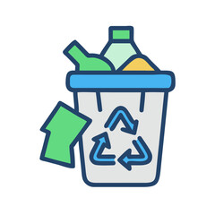 Recycling bin with plastic bottles, glass, and recycling symbol on a black background