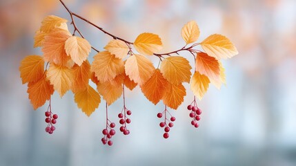 Macro artistic photo of autumn leaves in soft sunlight with glistening dew drops and tiny red berries on a thin branch with a blurred bokeh background in warm orange and blue tones